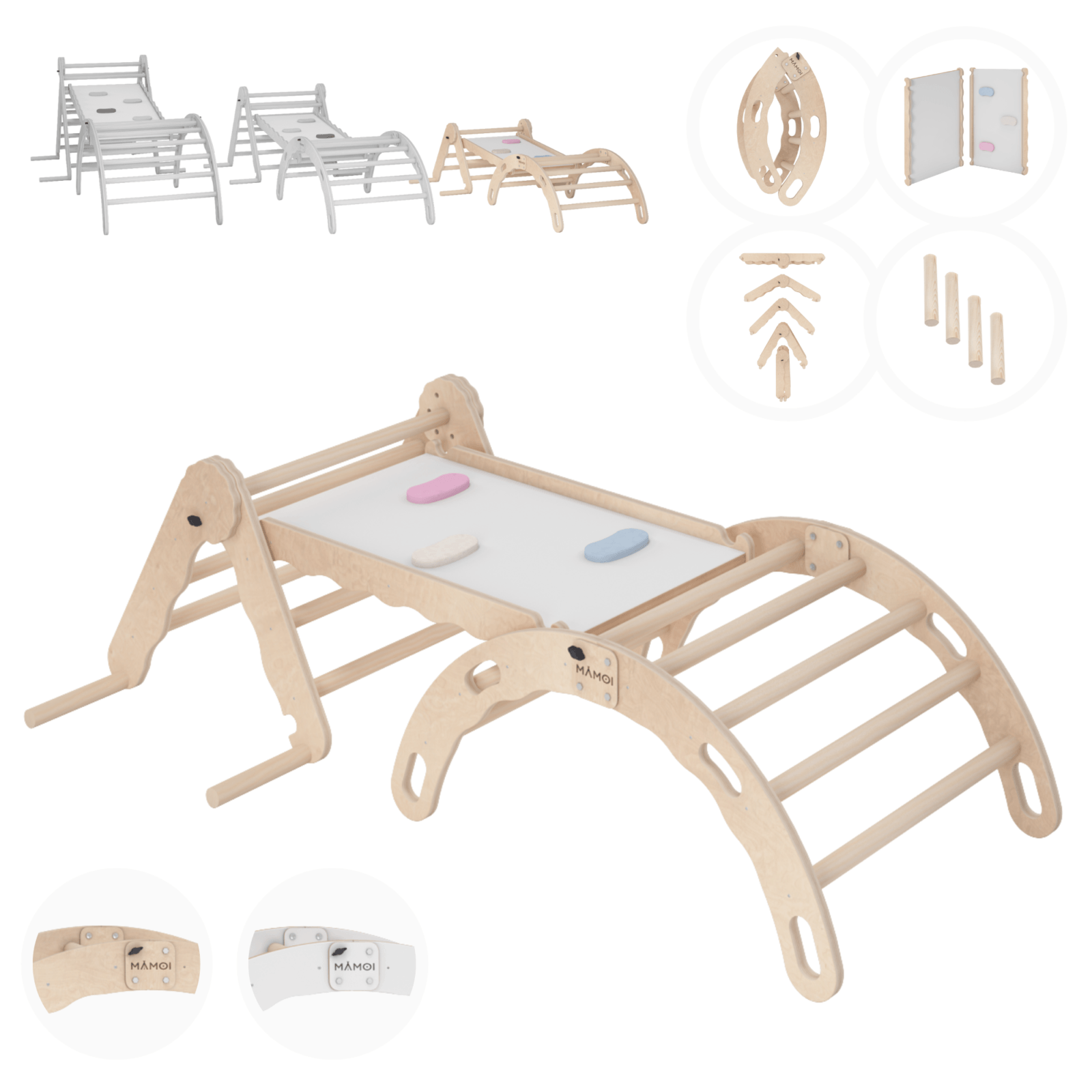 MAMOI® Set : Triangle, arche escalade et toboggan pour enfant, Structure motricité interieur pour bébé, Mur descalade et tobogan intérieur en bois pour bebe, Motricite montessori 3 ans-0