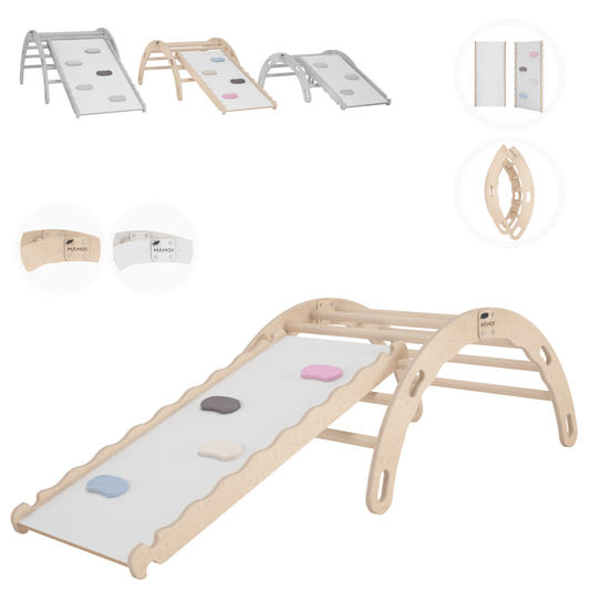 MAMOI® Kletterbogen mit rutsche, Kletterdreieck, Baby klettern, Regenbogenwippe aus holz, Holzbogen für Kinder, Rutschbrett für spielplatz, Klettergerüst indoor ab 1 jahr 2/3 jahre, Montessori-0