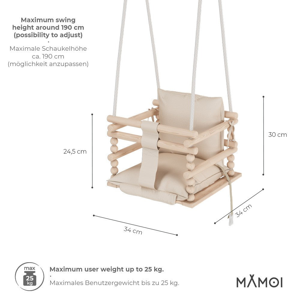 MAMOI® Balancoire bebe pour interieur, Siege balançoire pour bébé, Balancelle de coton en bois naturel, Baby swing pour enfant  à partir de 1 an, 3 en 1-2