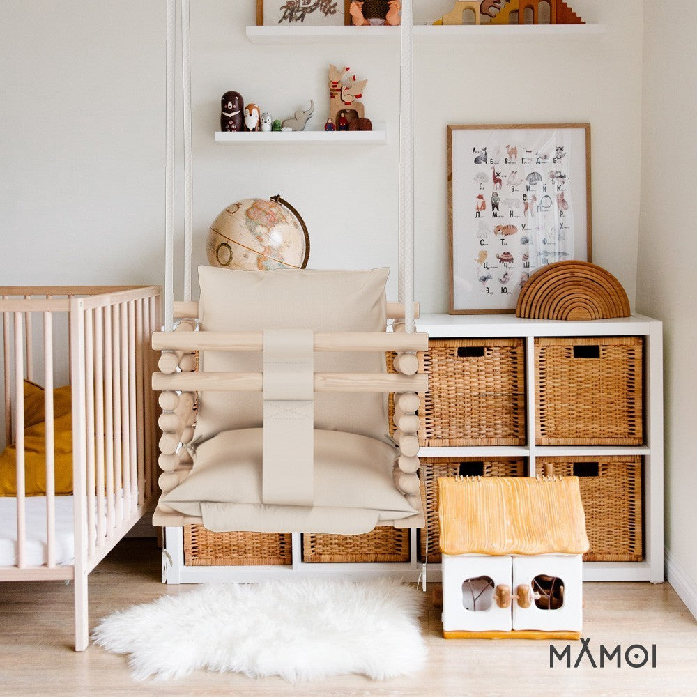 MAMOI® Balancoire bebe pour interieur, Siege balançoire pour bébé, Balancelle de coton en bois naturel, Baby swing pour enfant  à partir de 1 an, 3 en 1-4