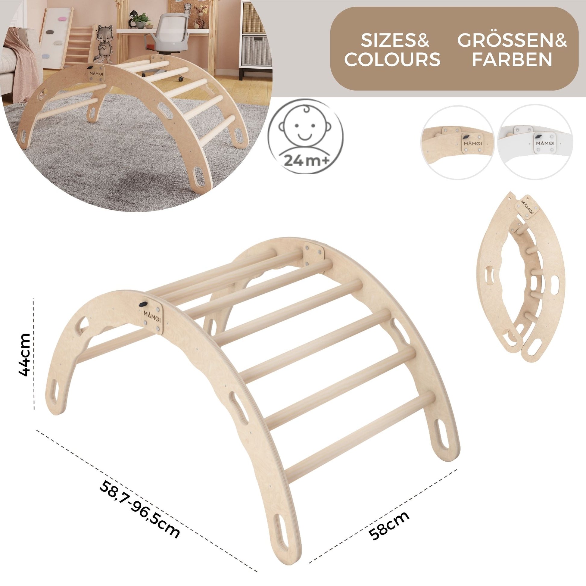 MAMOI® Triangle interieur, Mur escalade pour enfant, Aire de jeux pour bebe, Espalier en bois, Rocker arche à partir de 1/2/3 an, Bascule montessori-2