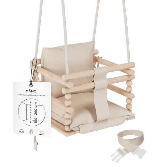 MAMOI® Balancoire bebe pour interieur, Siege balançoire pour bébé, Balancelle de coton en bois naturel, Baby swing pour enfant  à partir de 1 an, 3 en 1-0