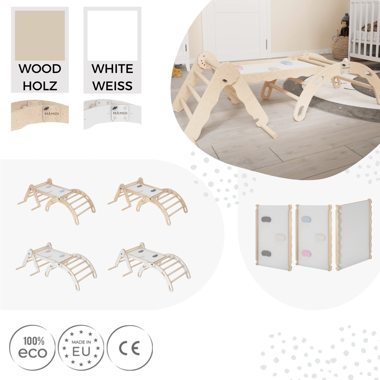 MAMOI® Set : Triangle, arche escalade et toboggan pour enfant, Structure motricité interieur pour bébé, Mur descalade et tobogan intérieur en bois pour bebe, Motricite montessori 3 ans-5