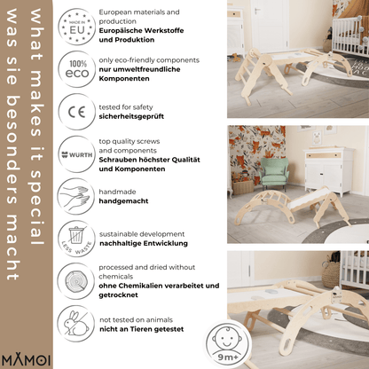 MAMOI® Set : Triangle, arche escalade et toboggan pour enfant, Structure motricité interieur pour bébé, Mur descalade et tobogan intérieur en bois pour bebe, Motricite montessori 3 ans-4