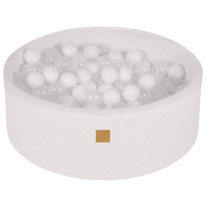 Round Ball Pit with 200 White and Transparent balls, 90x30cm - White Boucle