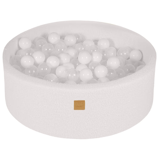 Round Ball Pit with 200 White and Transparent balls, 90x30cm - White Boucle