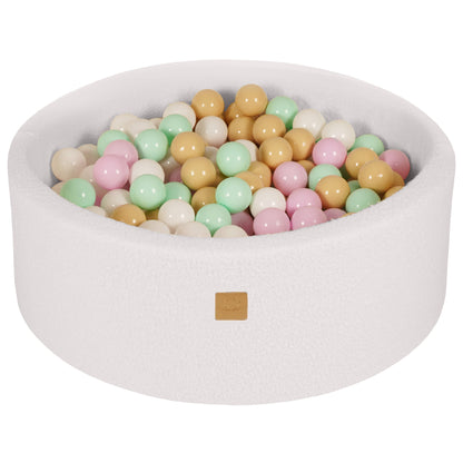 Round Ball Pit with 200 Pastel pink/Mint/White/Beige balls, 90x30cm - White Boucle