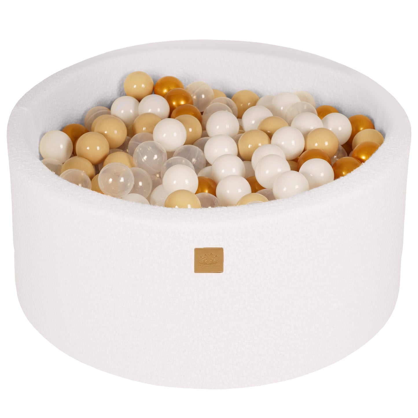 Round Ball Pit with 300 Gold/Beige/White/Transparent balls, 90x40cm - White Boucle