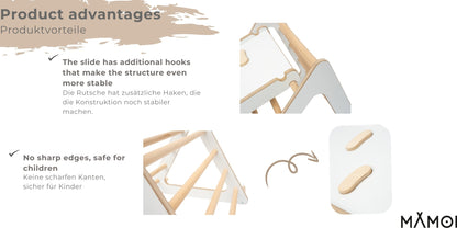 MAMOI® Set : la triangle avec toboggan interieur enfant et toboggan pour enfant, Structure motricité interieur pour bébé, Mur descalade et tobogan intérieur en bois pour bebe, Motricite montessori 3 ans-4