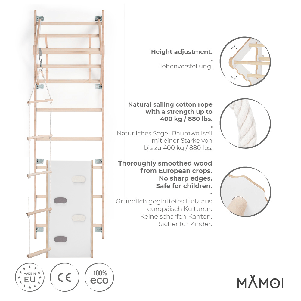 MAMOI® Espalier en bois, Mur escalade suedois pour enfant, Échelle suedoise pour bebe, Jeux descalade et gym avec accessoires, Barre et anneaux gymnastique-2