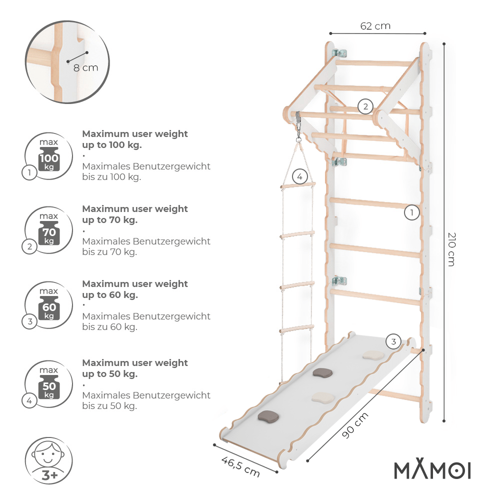 MAMOI® Espalier en bois, Mur escalade suedois pour enfant, Échelle suedoise pour bebe, Jeux descalade et gym avec accessoires, Barre et anneaux gymnastique-1