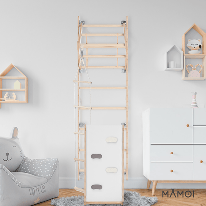 MAMOI® Espalier en bois, Mur escalade suedois pour enfant, Échelle suedoise pour bebe, Jeux descalade et gym avec accessoires, Barre et anneaux gymnastique-4