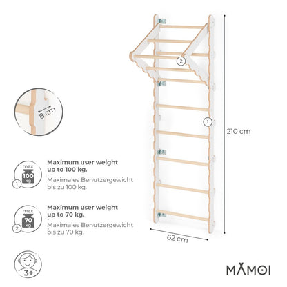 MAMOI® Swedish ladder, Wooden gorilla gym for kids, Indoor baby climbing frame for toddlers, Monkey bars and play gym, Childrens climbing wall, Gymnastics bar and equipment for home-2