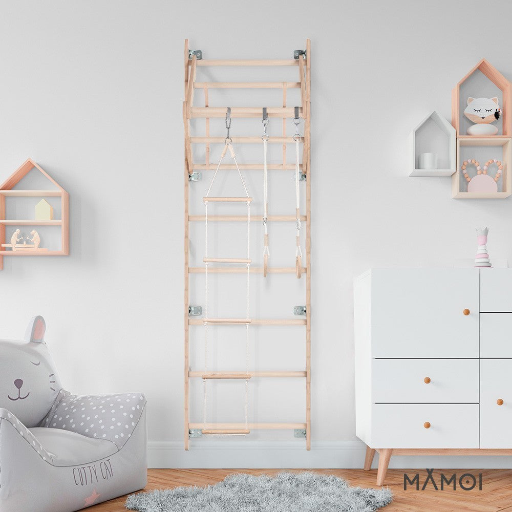 MAMOI® Espalier en bois, Mur escalade suedois pour enfant, Échelle suedoise pour bebe, Jeux descalade et gym avec accessoires, Barre et anneaux gymnastique-7