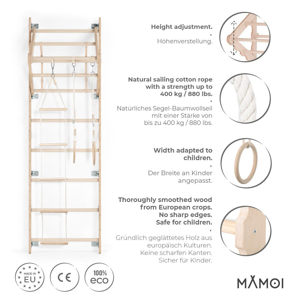 MAMOI® Espalier en bois, Mur escalade suedois pour enfant, Échelle suedoise pour bebe, Jeux descalade et gym avec accessoires, Barre et anneaux gymnastique-2