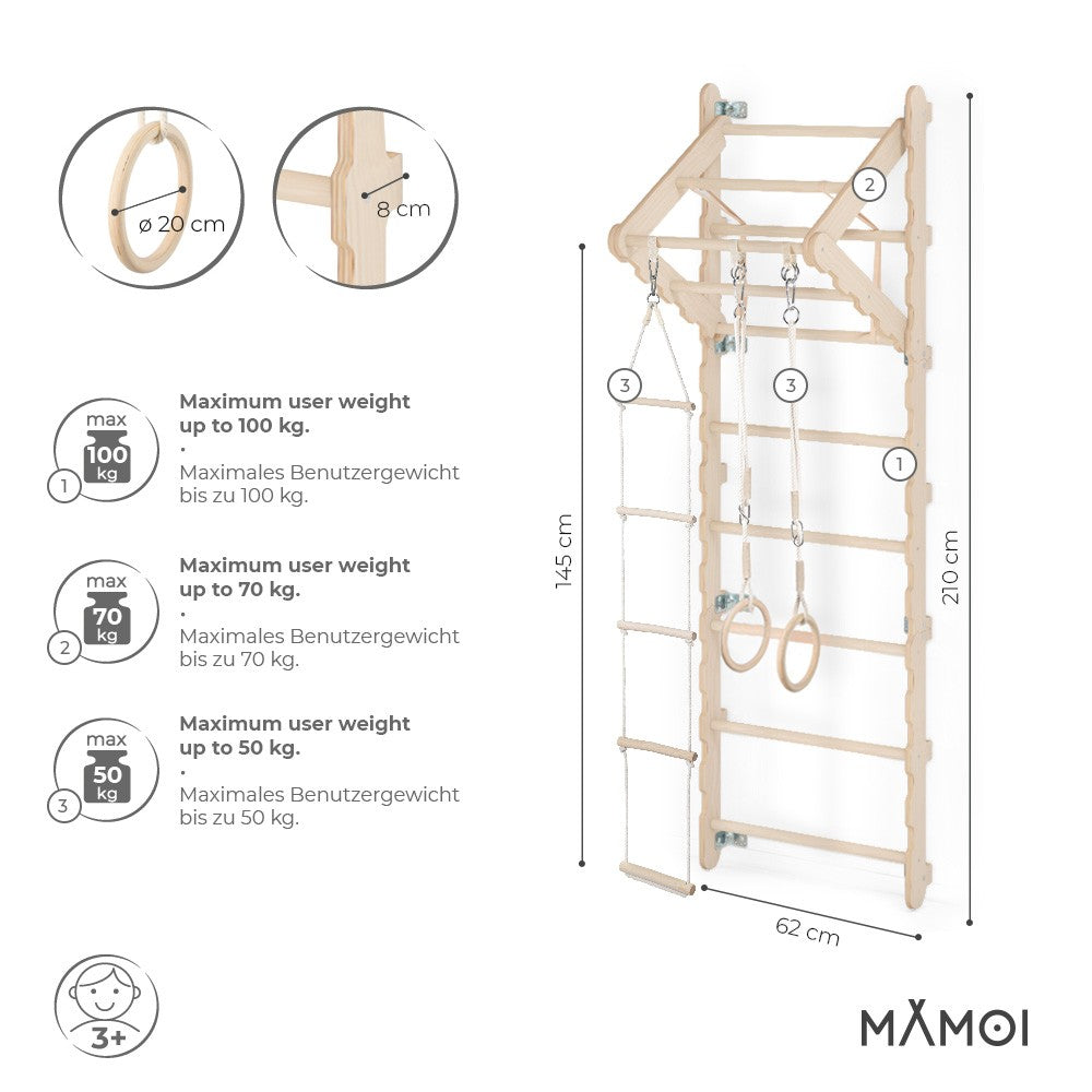 MAMOI® Espalier en bois, Mur escalade suedois pour enfant, Échelle suedoise pour bebe, Jeux descalade et gym avec accessoires, Barre et anneaux gymnastique-1