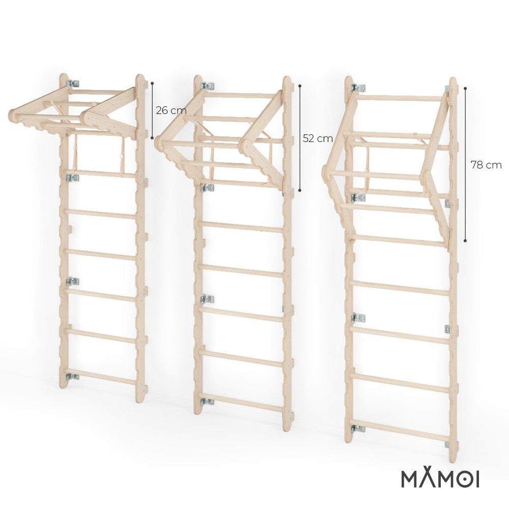 MAMOI® Espalier en bois, Mur escalade suedois pour enfant, Échelle suedoise pour bebe, Jeux descalade et gym avec accessoires, Barre et anneaux gymnastique-4