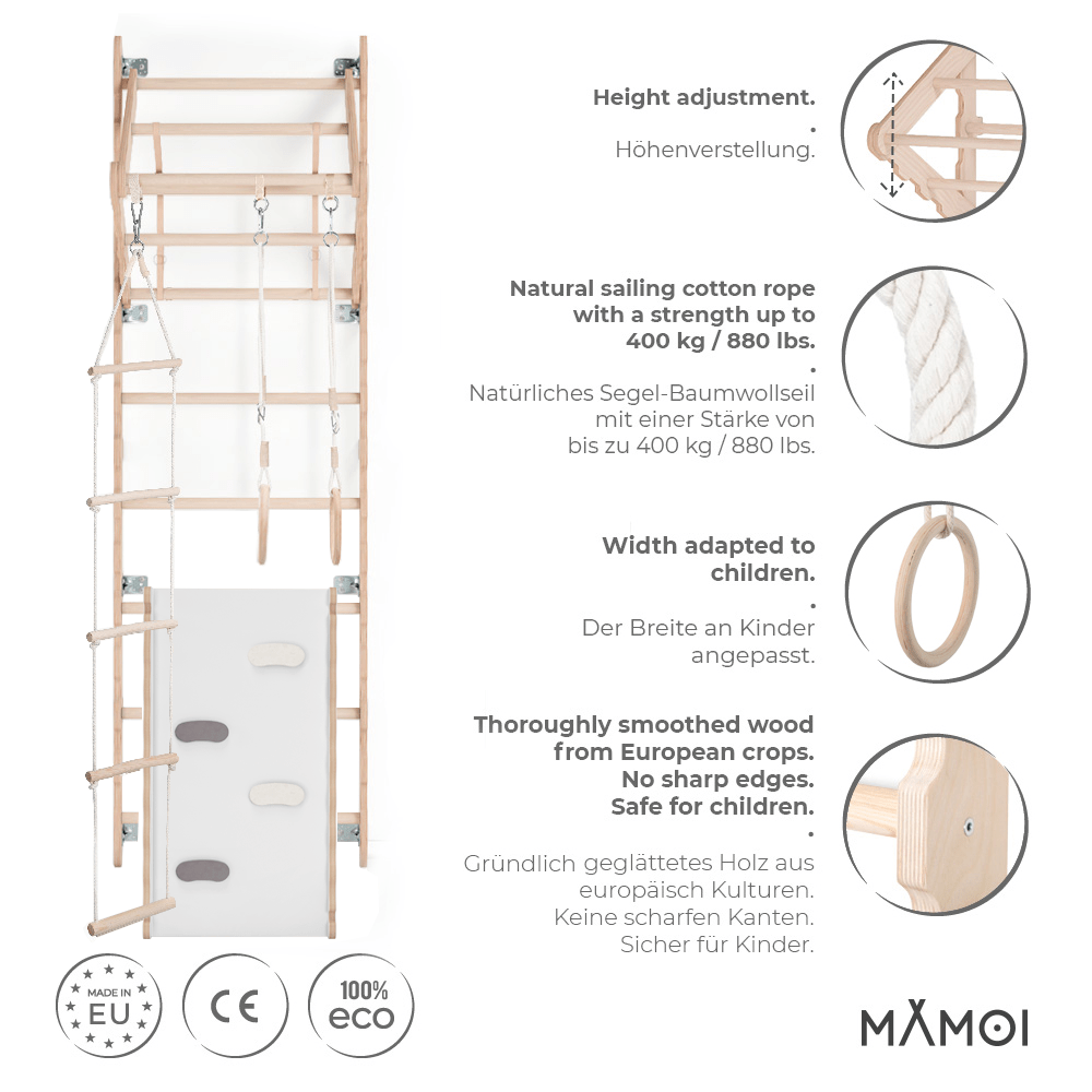 MAMOI® Espalier en bois, Mur escalade suedois pour enfant, Échelle suedoise pour bebe, Jeux descalade et gym avec accessoires, Barre et anneaux gymnastique-2