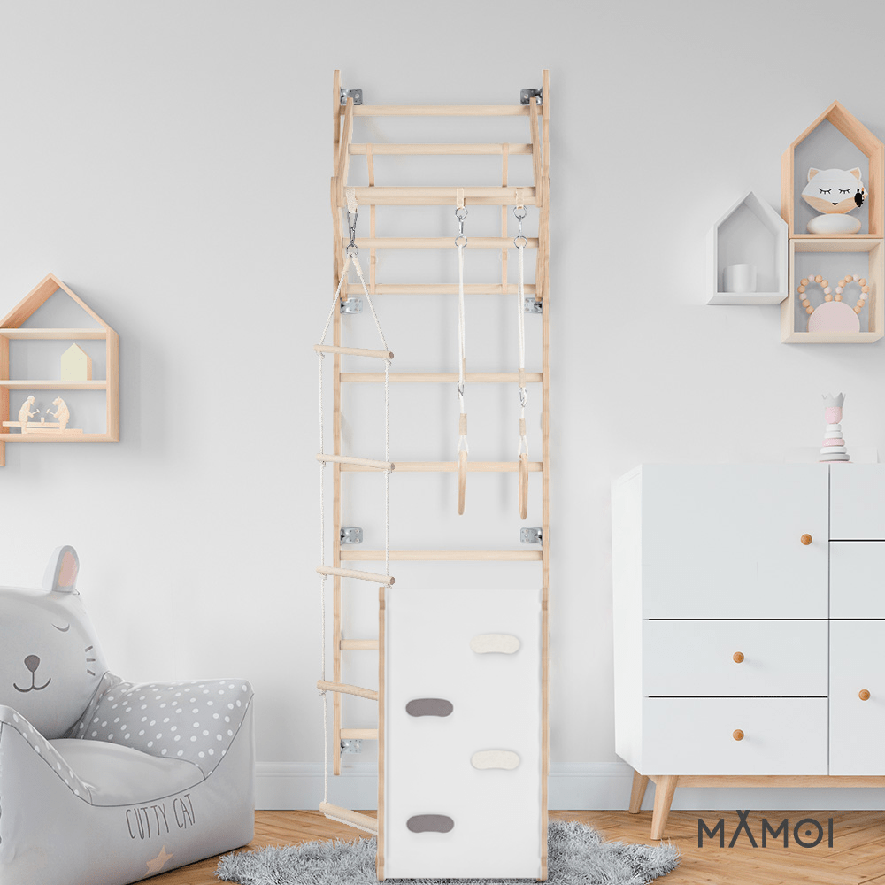 MAMOI® Espalier en bois, Mur escalade suedois pour enfant, Échelle suedoise pour bebe, Jeux descalade et gym avec accessoires, Barre et anneaux gymnastique-5