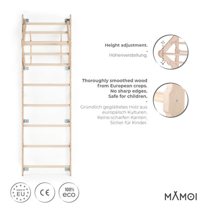 MAMOI® Espalier en bois, Mur escalade suedois pour enfant, Échelle suedoise pour bebe, Jeux descalade et gym avec accessoires, Barre et anneaux gymnastique-1