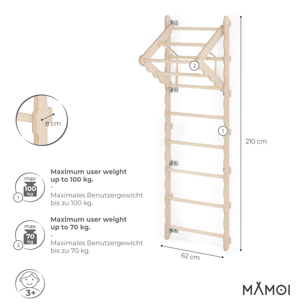 MAMOI® Espalier en bois, Mur escalade suedois pour enfant, Échelle suedoise pour bebe, Jeux descalade et gym avec accessoires, Barre et anneaux gymnastique-2