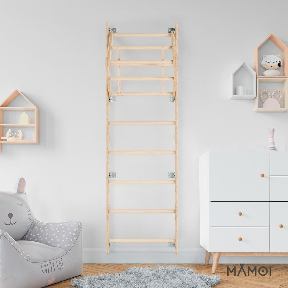 MAMOI® Espalier en bois, Mur escalade suedois pour enfant, Échelle suedoise pour bebe, Jeux descalade et gym avec accessoires, Barre et anneaux gymnastique-6