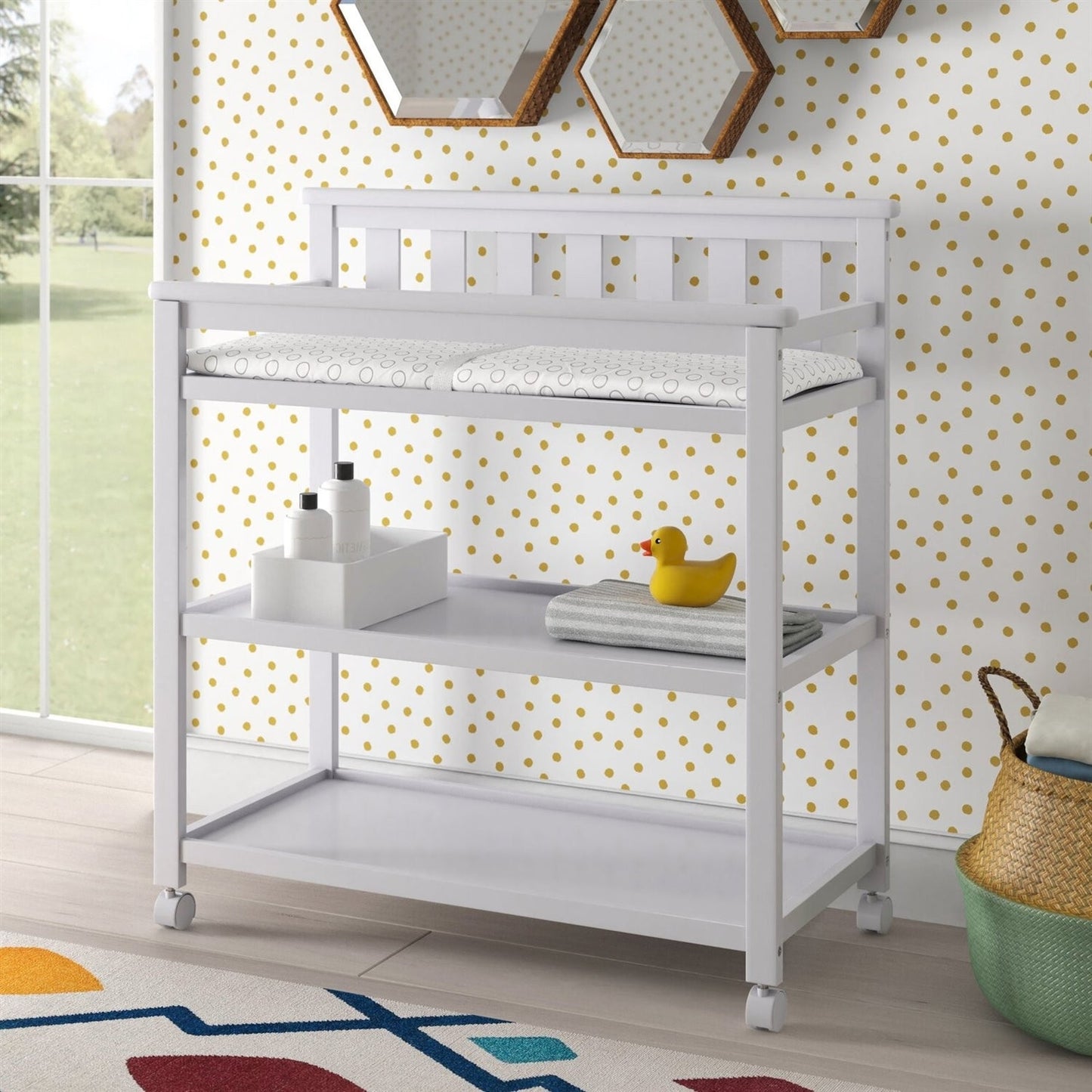 Modern White Baby's First 2 Shelf Changing Table with Wheels-1