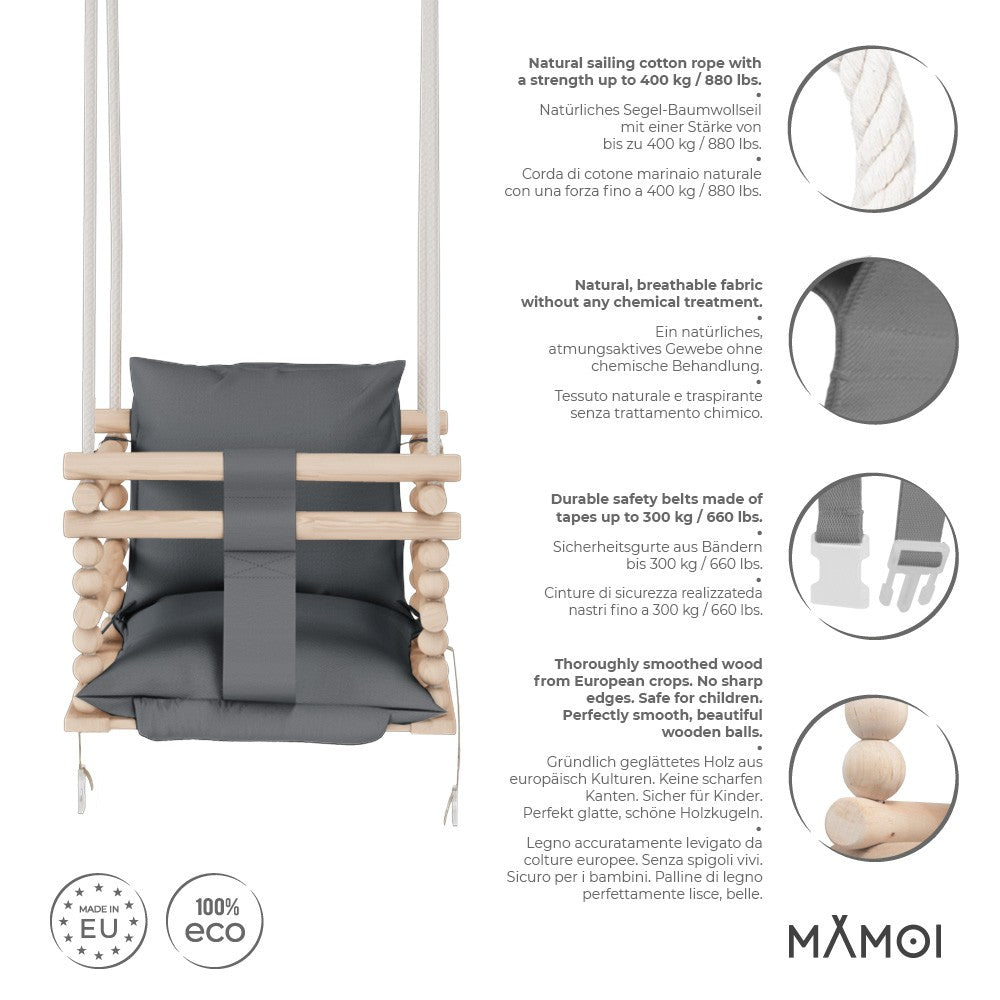 MAMOI® Balancoire bebe pour interieur, Siege balançoire pour bébé, Balancelle de coton en bois naturel, Baby swing pour enfant  à partir de 1 an, 3 en 1-1