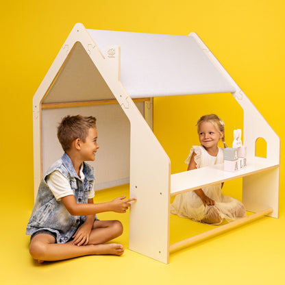 MeowBaby® Natural Wooden House for Kids - Blue Roof