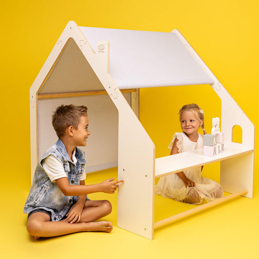 MeowBaby® Natural Wooden House for Kids - Pink Roof