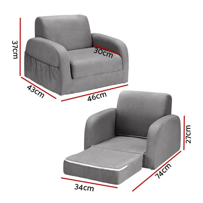 Keezi Kids Sofa 2 Seater Children Flip Open Couch Lounger Armchair Soft Grey-1