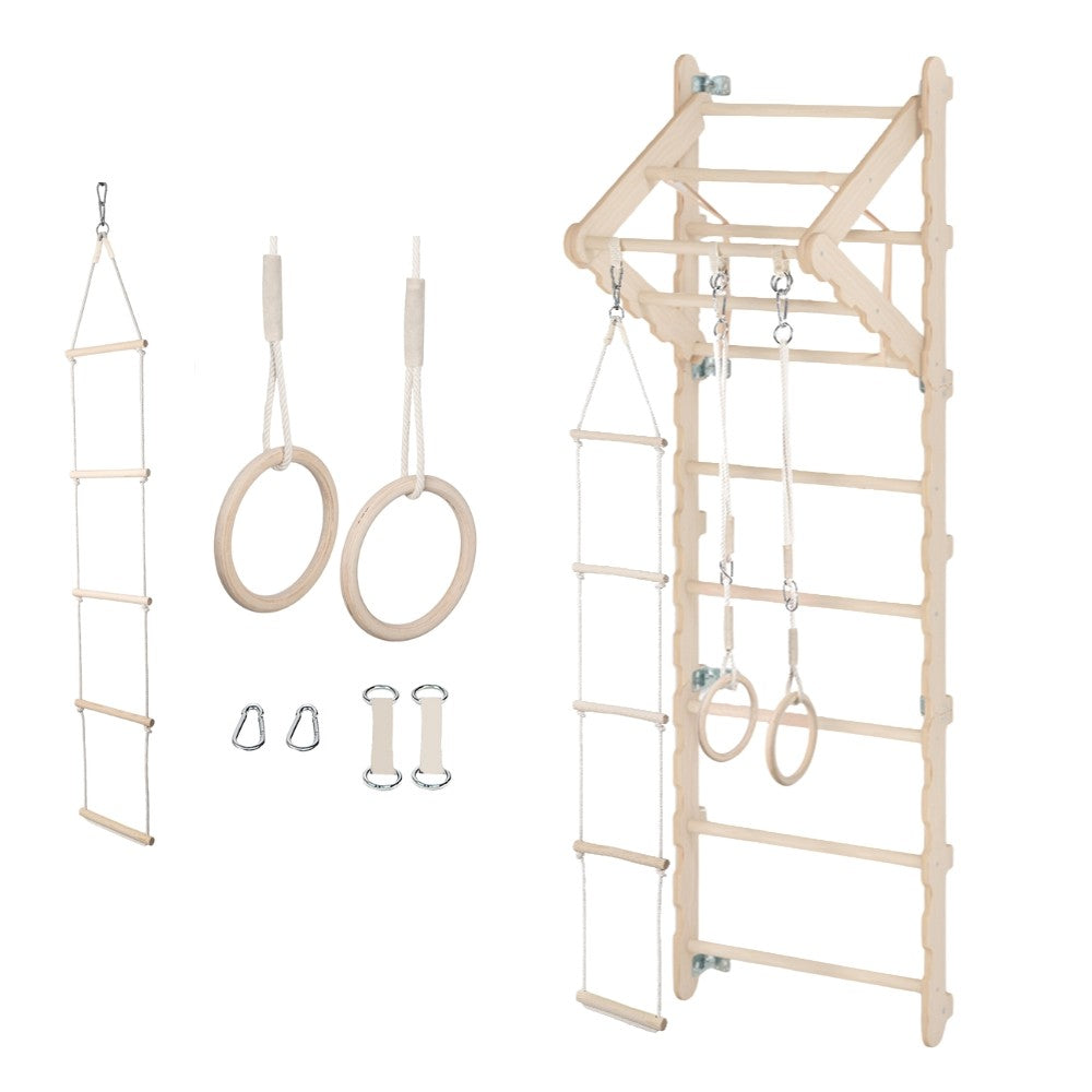 MAMOI® Espalier en bois, Mur escalade suedois pour enfant, Échelle suedoise pour bebe, Jeux descalade et gym avec accessoires, Barre et anneaux gymnastique-0