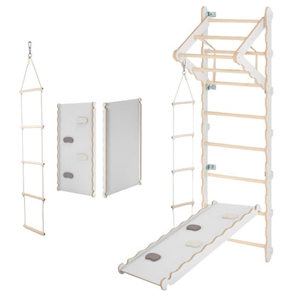 MAMOI® Espalier en bois, Mur escalade suedois pour enfant, Échelle suedoise pour bebe, Jeux descalade et gym avec accessoires, Barre et anneaux gymnastique-0