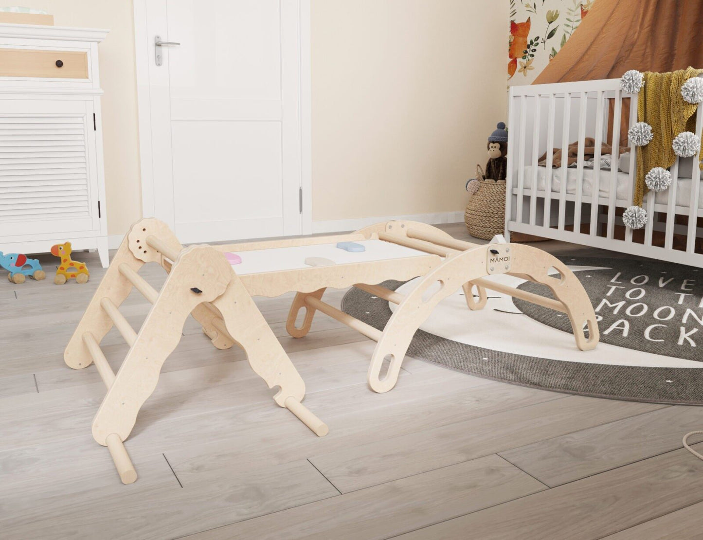 MAMOI® Set : Triangle, arche escalade et toboggan pour enfant, Structure motricité interieur pour bébé, Mur descalade et tobogan intérieur en bois pour bebe, Motricite montessori 3 ans-1