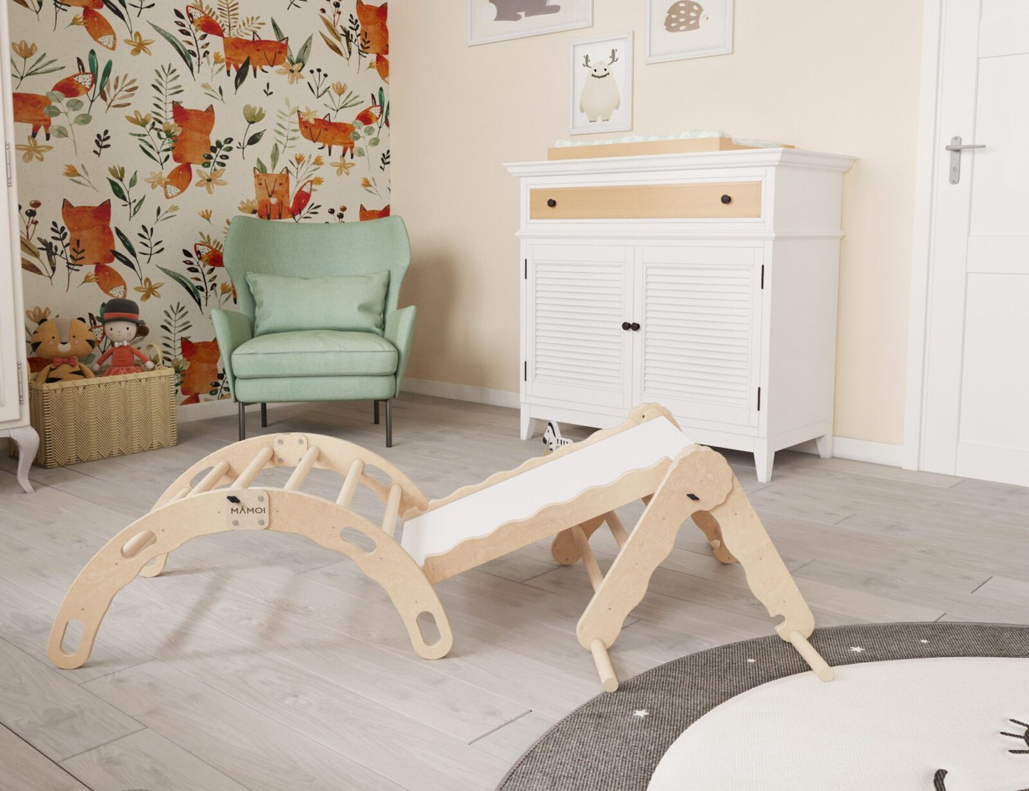 MAMOI® Set : Triangle, arche escalade et toboggan pour enfant, Structure motricité interieur pour bébé, Mur descalade et tobogan intérieur en bois pour bebe, Motricite montessori 3 ans-2