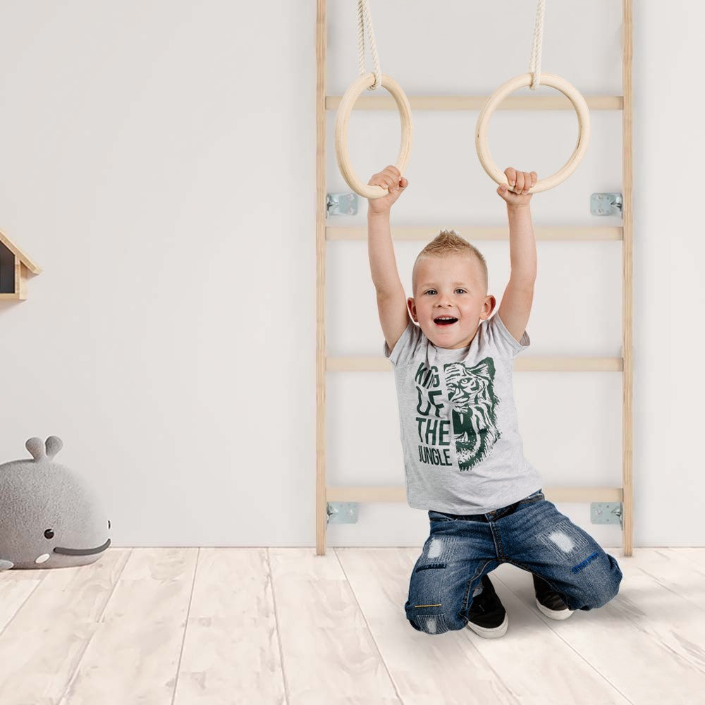 MAMOI® Trapez schaukel, Turnringe aus holz, Turngeräte für kinder indoor und outdoor, Ringe schaukel, Turnen mit Holzschaukel, Gymnastikringe und Trapezstange-3