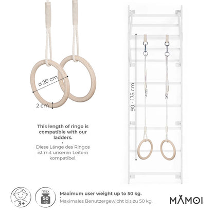 MAMOI® Trapez schaukel, Turnringe aus holz, Turngeräte für kinder indoor und outdoor, Ringe schaukel, Turnen mit Holzschaukel, Gymnastikringe und Trapezstange-2