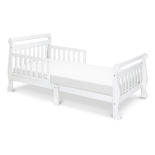 White Wooden Modern Toddler Sleigh Bed with Slatted Guard Rails-0