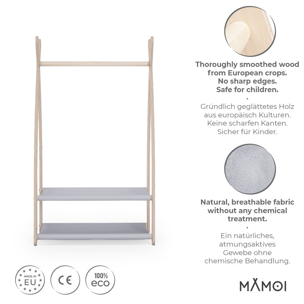 MAMOI® Children clothes rail Light grey 53x95x32cm | Dressing up rail for kids made of natural wood | Baby wardrobe clothes storage modern design | Baby accessories | 100% ECO | MADE in EU-1