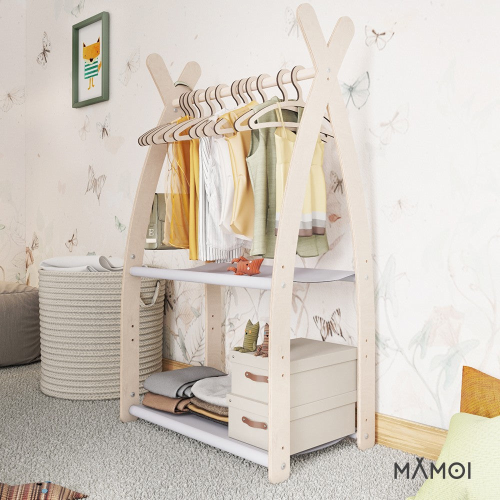 MAMOI® Children clothes rail Light grey 53x95x32cm | Dressing up rail for kids made of natural wood | Baby wardrobe clothes storage modern design | Baby accessories | 100% ECO | MADE in EU-4