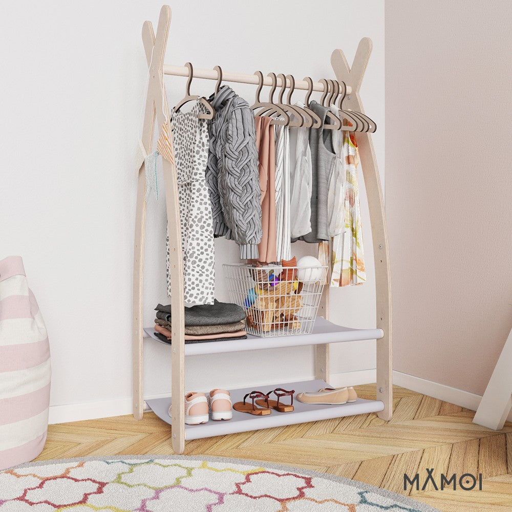 MAMOI® Children clothes rail Light grey 53x95x32cm | Dressing up rail for kids made of natural wood | Baby wardrobe clothes storage modern design | Baby accessories | 100% ECO | MADE in EU-5