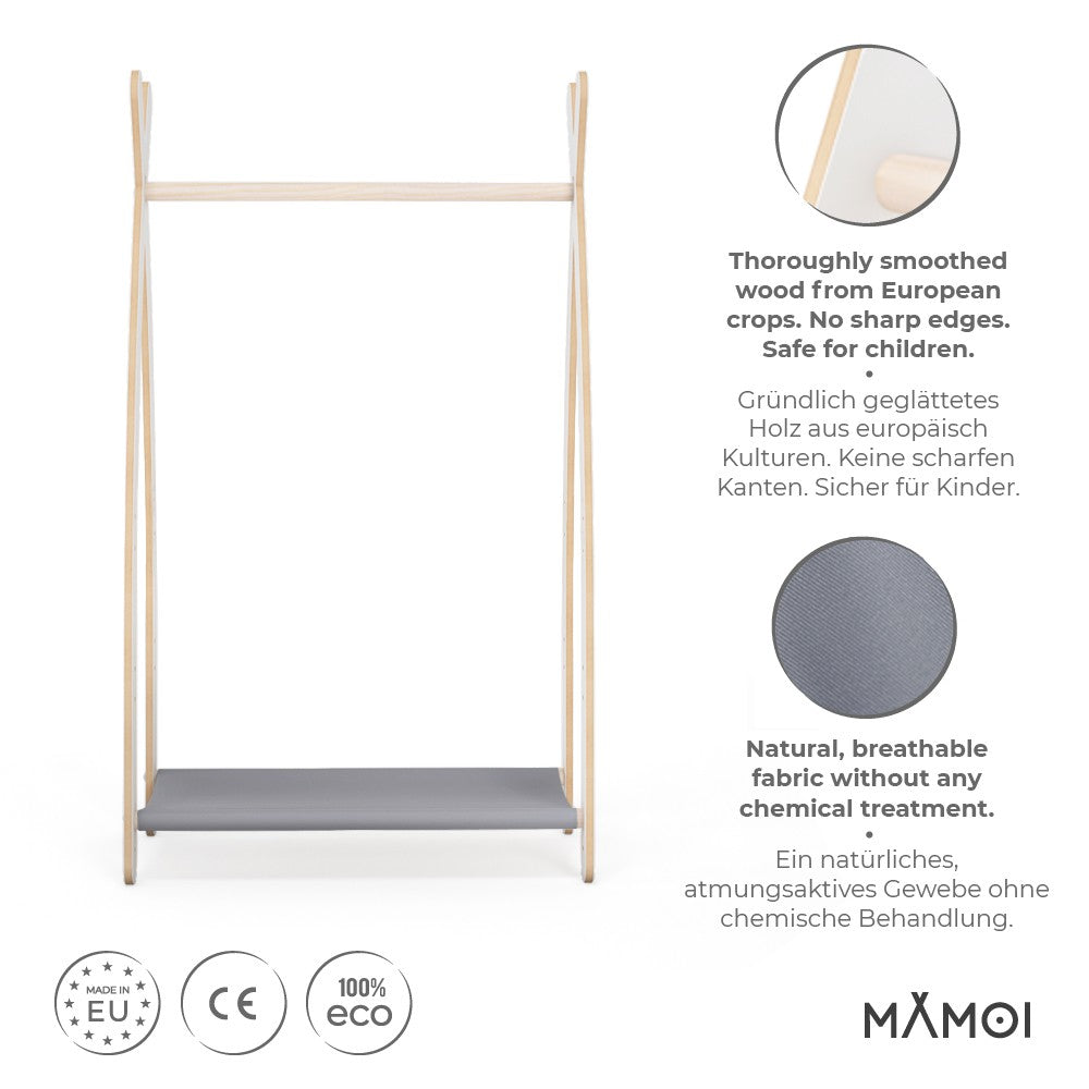 MAMOI® Children clothes rail Grey 53x95x32cm | Dressing up rail for kids made of Yarnwood | Baby wardrobe clothes storage modern design | Baby accessories | 100% ECO | MADE in EU-1